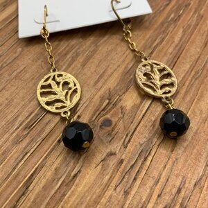 Ann Taylor Loft Gold Tone Filigree Dangling Black Bead Earrings